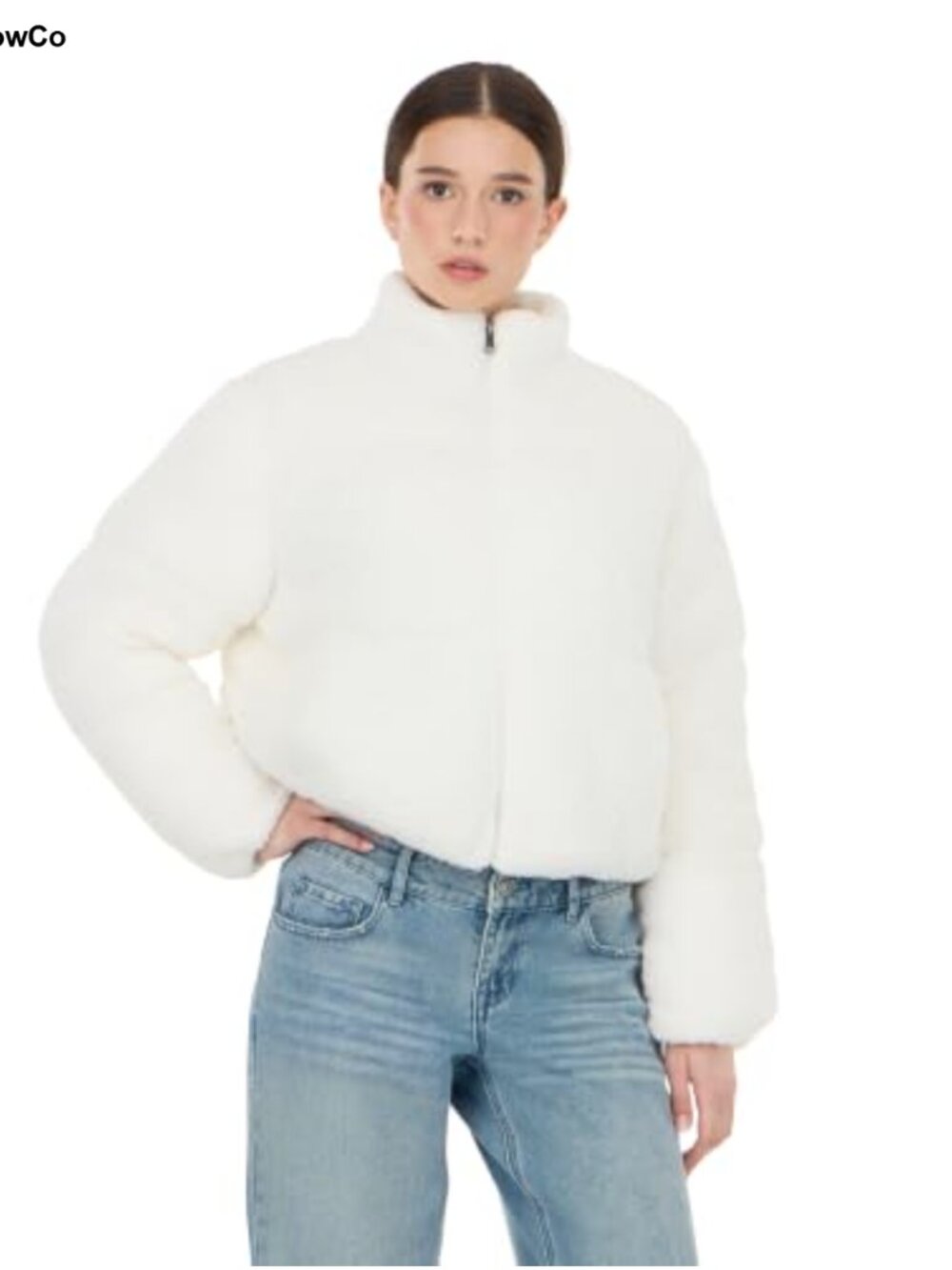 Sherpa Puffer Jacket Full Zip High Collar Side Pockets Relaxed Fit - Picture 1 of 5